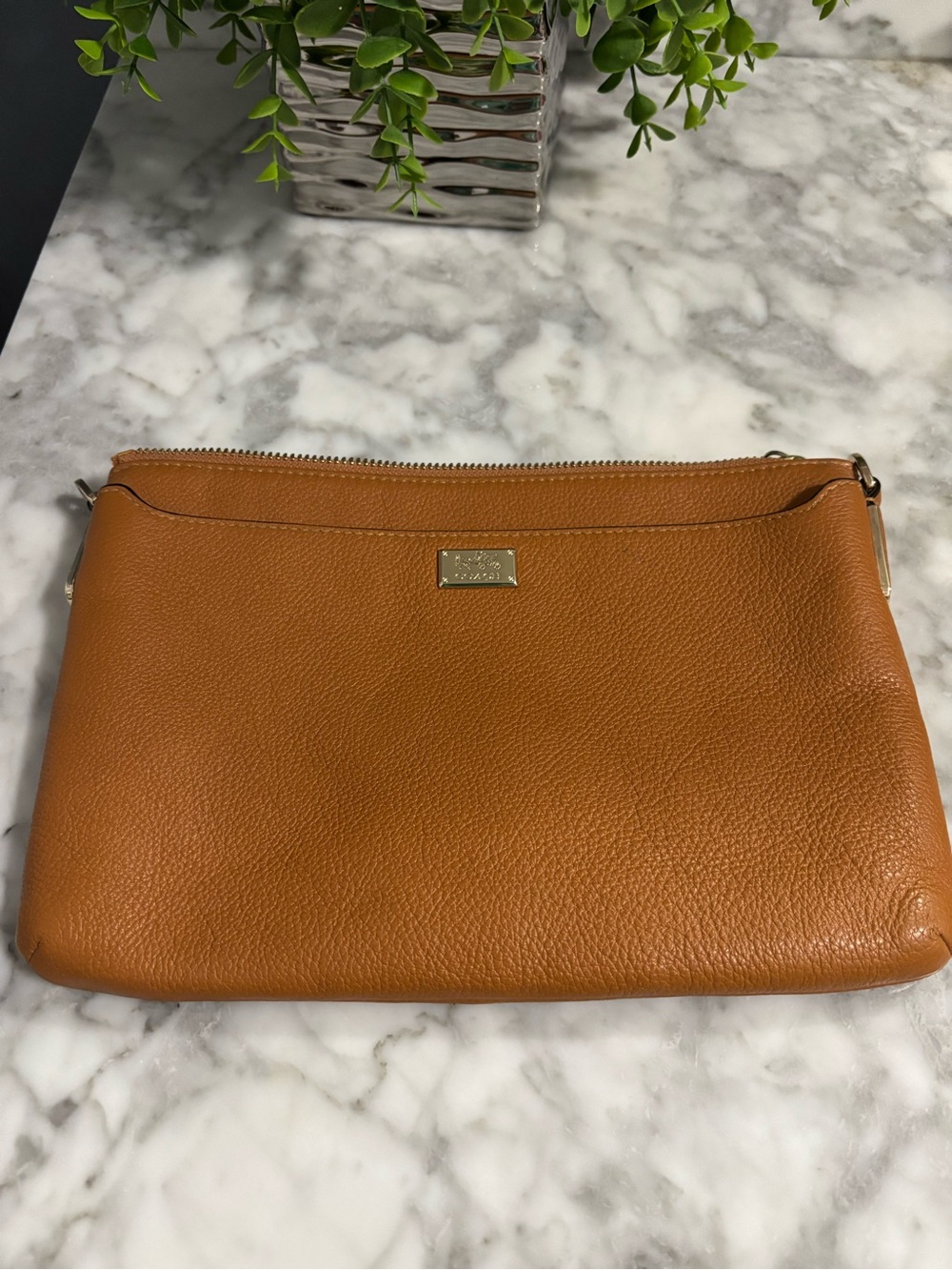 Coach Pebbled Leather Clutch in Cognac